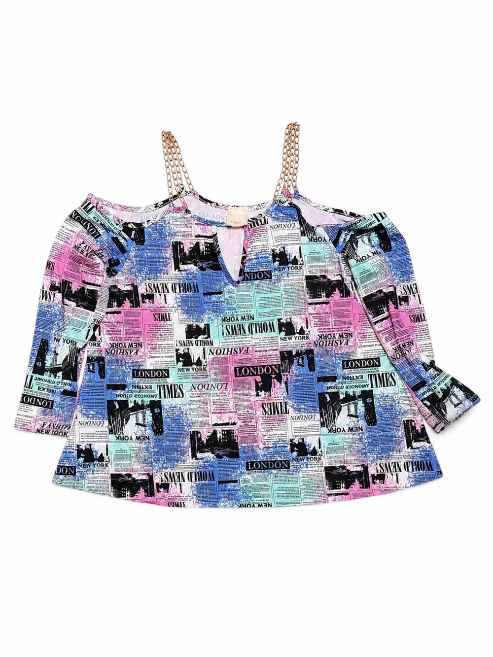 Top Fashion of NY Plus 3X Newspaper Print Chain Strap Cold Shoulder Top